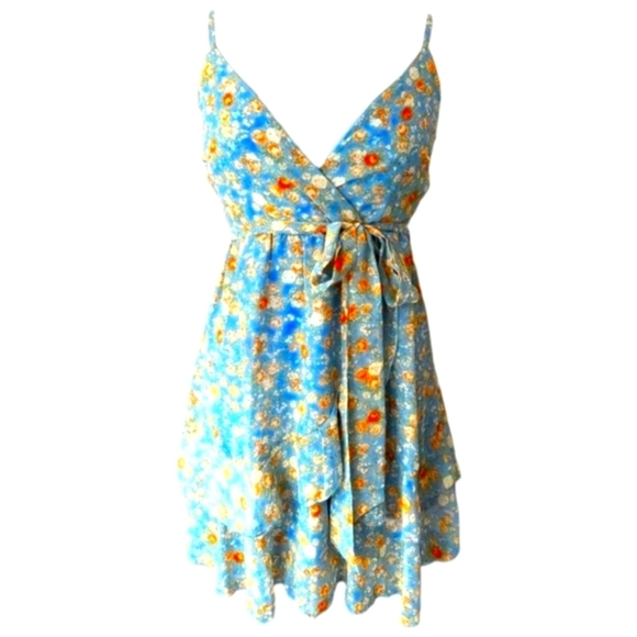 Almost Famous Cami Wrap Ruffle Mini Dress Floral Front Tie Sash Junior LG NWT - Picture 9 of 13